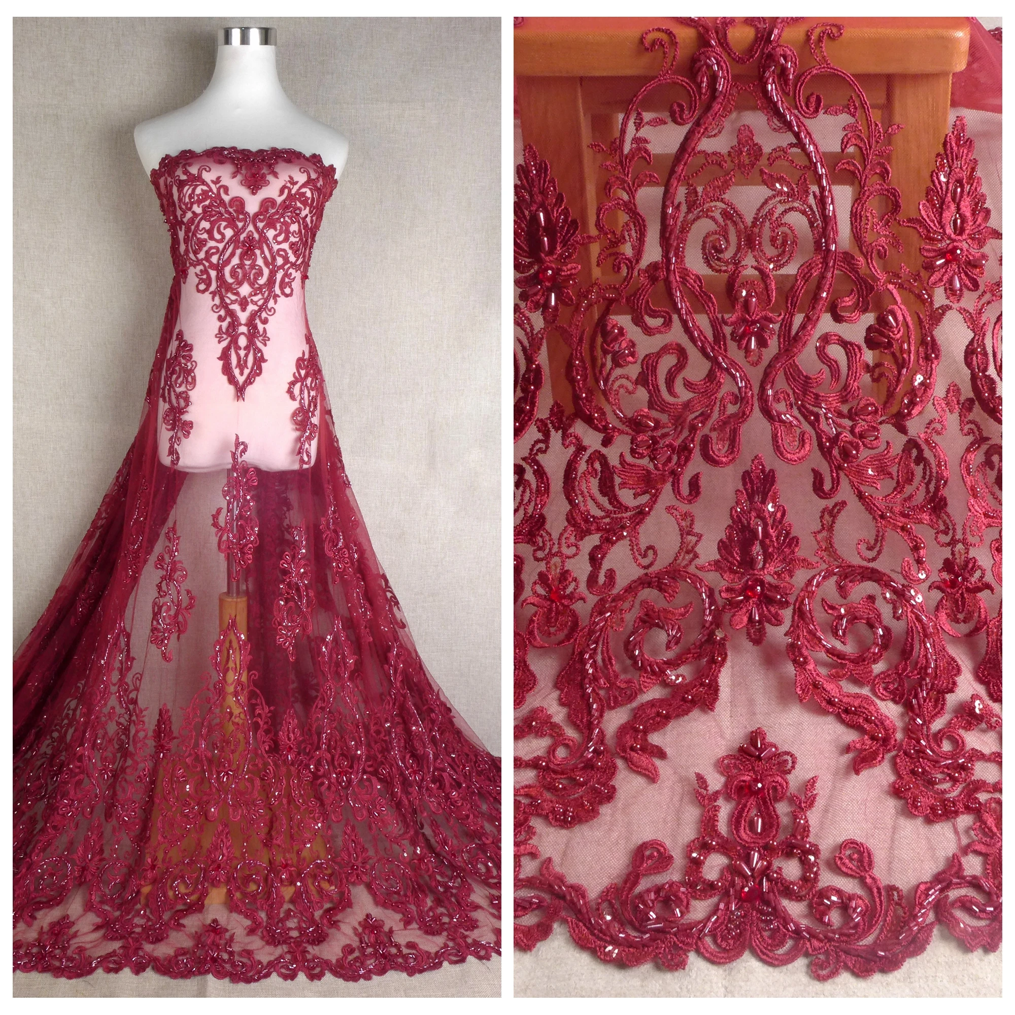 

Винно-красная сетчатая кружевная ткань ручной работы с бусинами, вышивка блестками, свадебное платье, аксессуары для представлений, 1 ярд