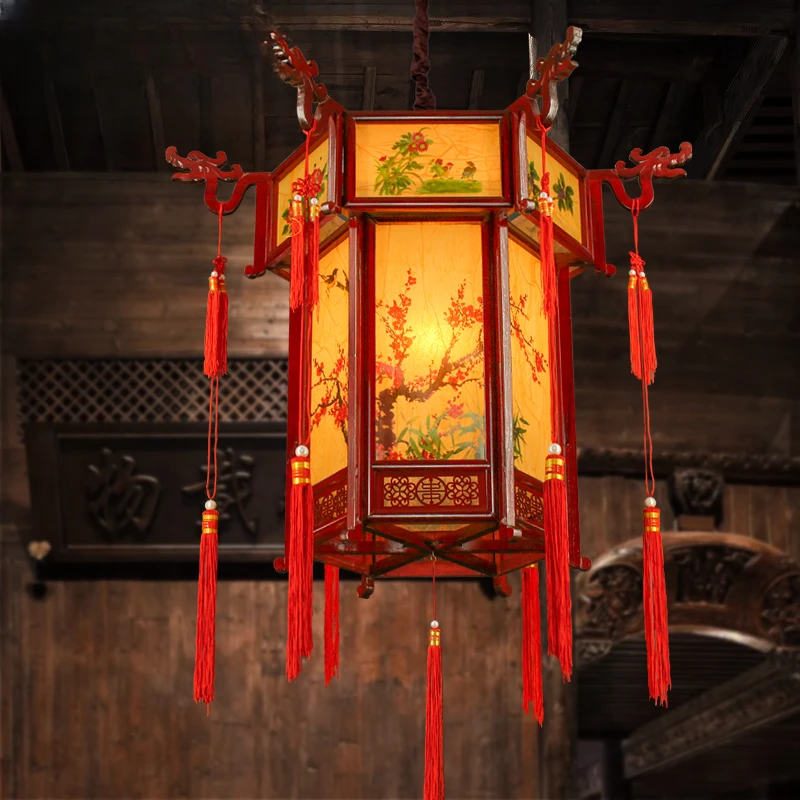 

Year solid wood lantern hexagonal courtyard balcony corridor tea house hotel restaurant study pendant lamp