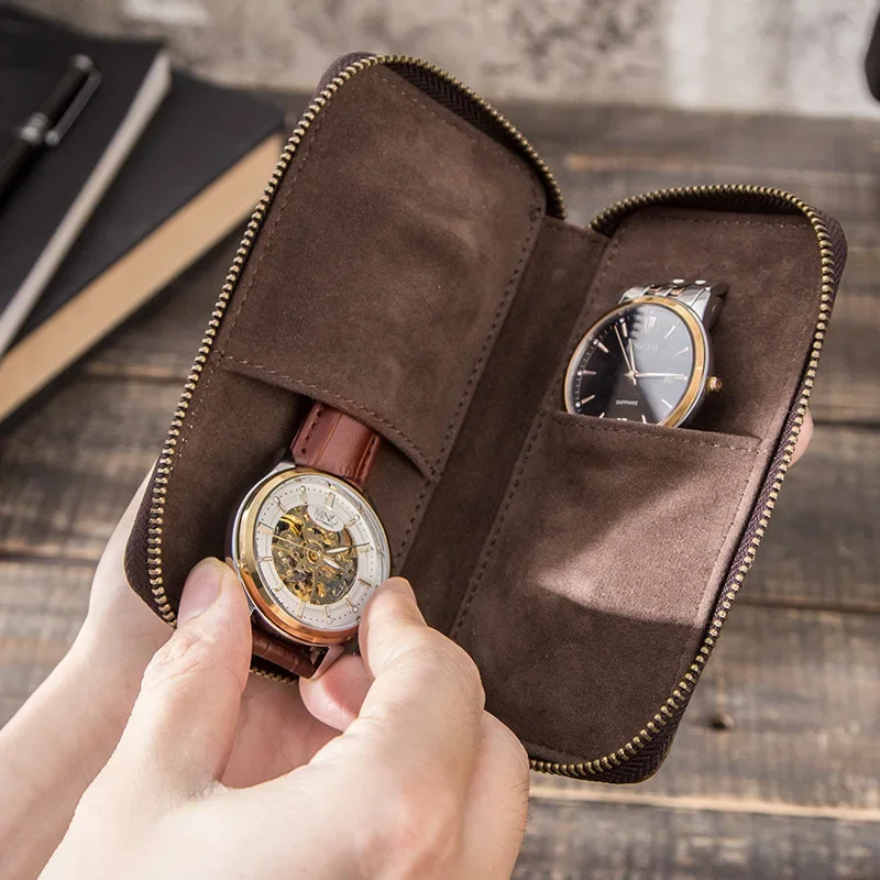 

Vintage 2pcs Watch Storage Case 2 Slots Cow Leather Watch Case Box 2-Watch Zipper Travel Pouch Organizer