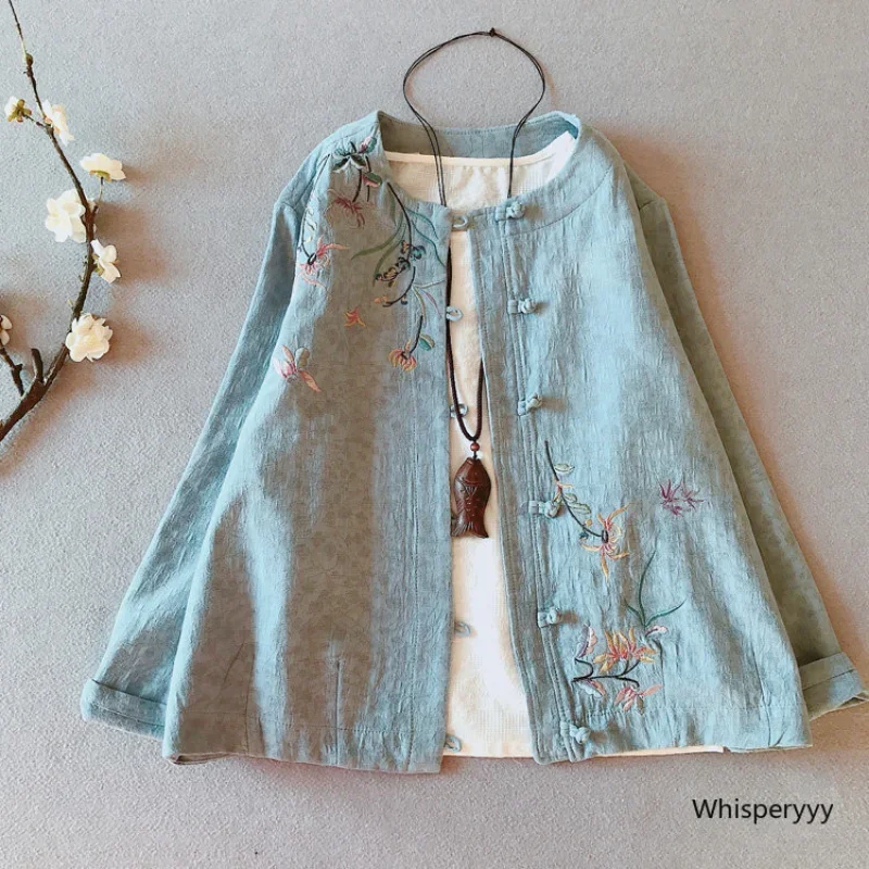 

Короткий жакет в китайском стиле, женские топы из хлопка и льна в ретро-стиле, Национальный женский костюм Тан, весна-осень, Современная Элегантная вышивка