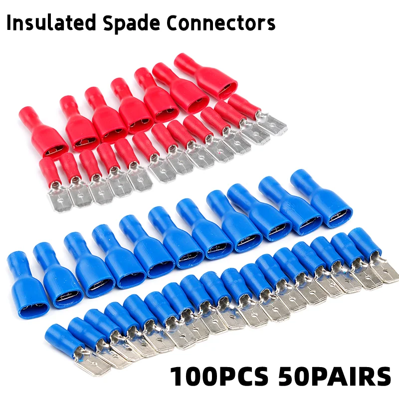 100PCS Insulated Female&Male Crimp Wire Connector Electrical Wiring Cable Plug Spade Terminals Assorted Splice Kit 22-14AWG