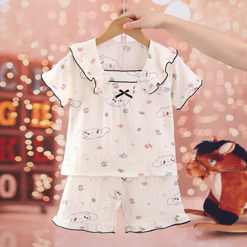 

Sanrios Kids Cotton Pajamas Set Kuromi My Melody Cinnamoroll Cartoon Casual Homewear Cute Summer Breathable Nightwear Girl Gift