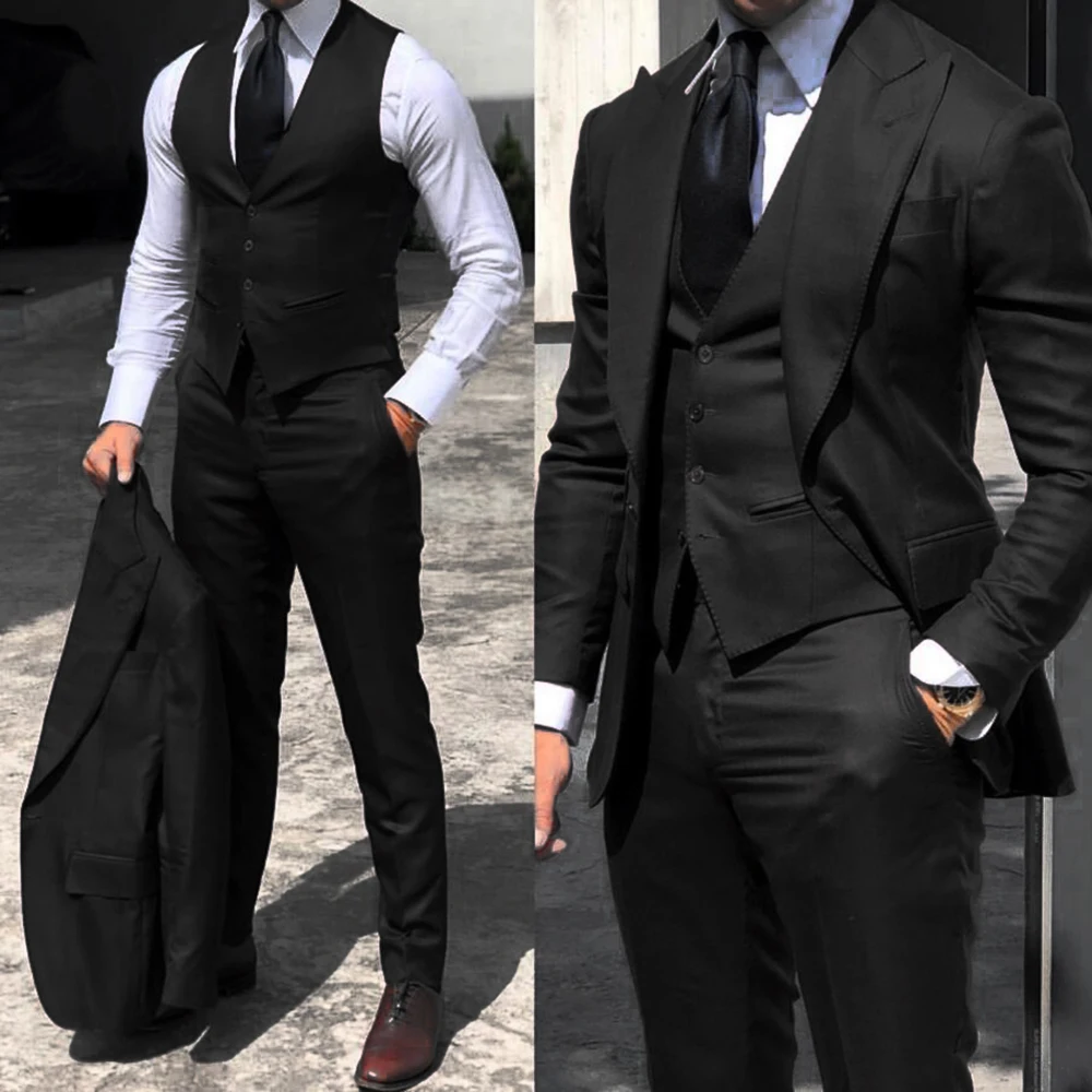 2023 Black Classic Men Suit 3 Pieces Tuxedo Peak Lapel Groomsmen Wedding Suits Set Fashion Men Business Blazer Jacket+Pants+Vest