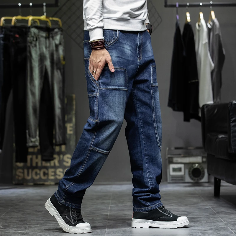 Multi-Pocket Baggy Jeans Mens Streetwear Cargo Denim Pants Straight Trousers Plus Size 40 42 44 denim pants denim trousers cargo jeans