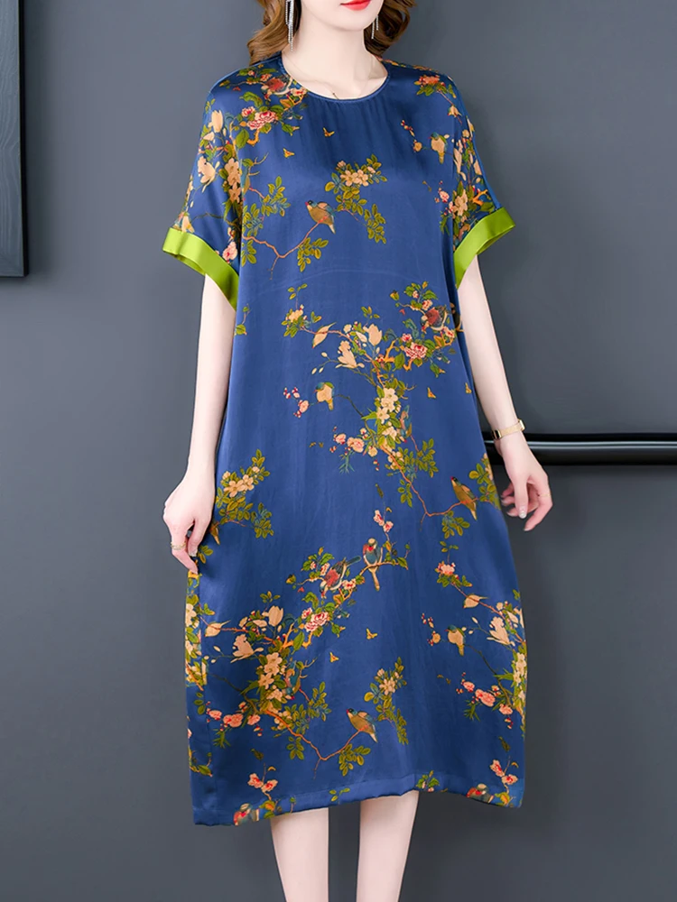 

Women High Quality Blue Floral Silk Midi Dress 2023 Korean Elegant Loose Waisi Dress Summer Fashion Short Sleeve Casual Vestidos