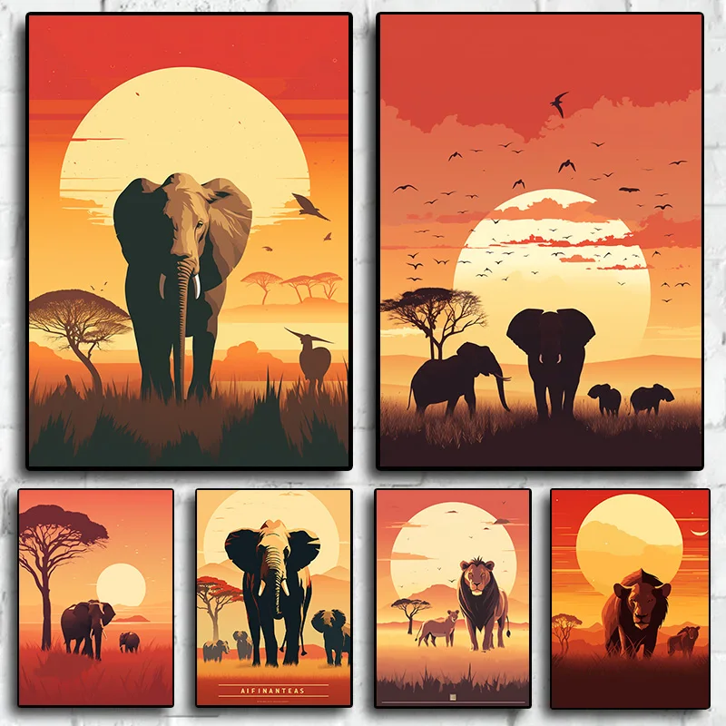 

1Pcs Poster Animals Home Decoration Living Room Wall Art Canvas Painting Elephant Interior Paintings Lion Grassland Sunset Decor