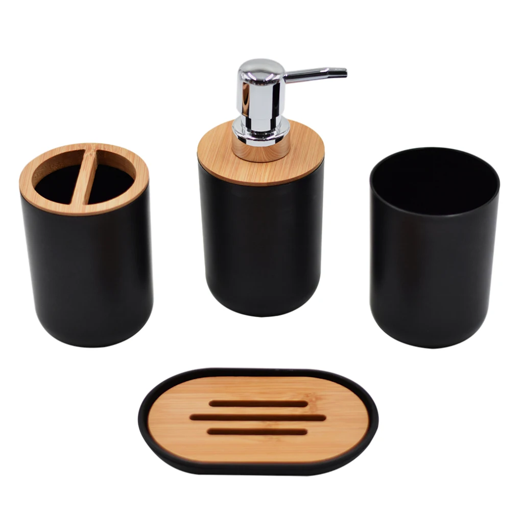 4PcsWoodenBathroomAccessoriesSetToothbrushHolderTrayVanity