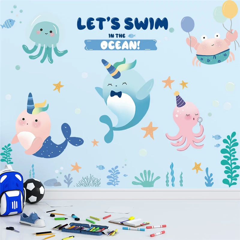 

Cartoon Dolphin Fished Cosplay Wall Stickers For Kids Bedroom Home Decoration Diy Bathroom Mural Art Pvc Decals Ocean Posters