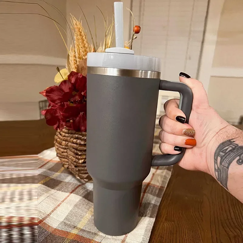 Fog Soft Matte 40oz Stainless Thermos Cup with Handle Vacuum Coffee Tumbler  Cups Double Cafe Mug Thermal Insulation with Straw - AliExpress
