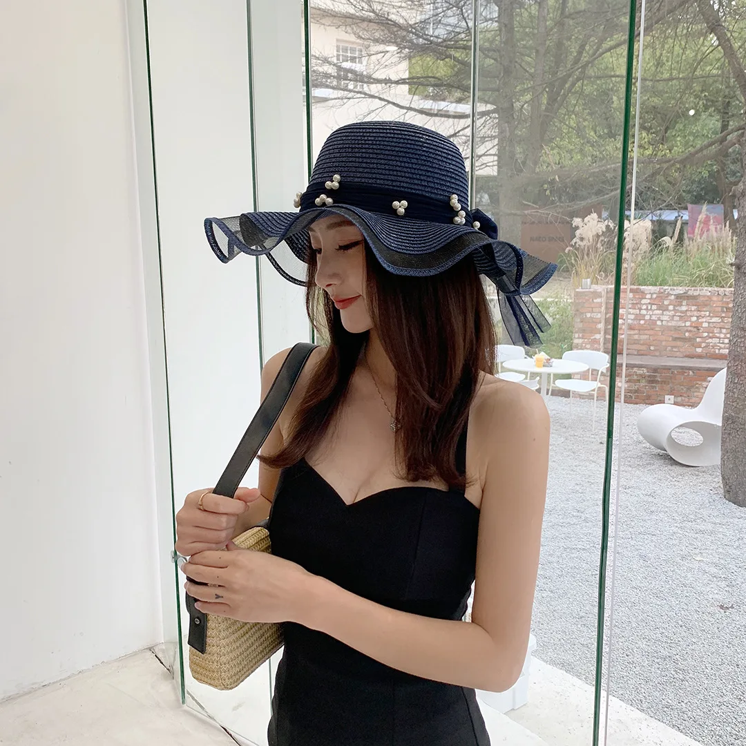 Panamanian Women's Bow Beach Shading Straw Hat Sun Hat Large Brim