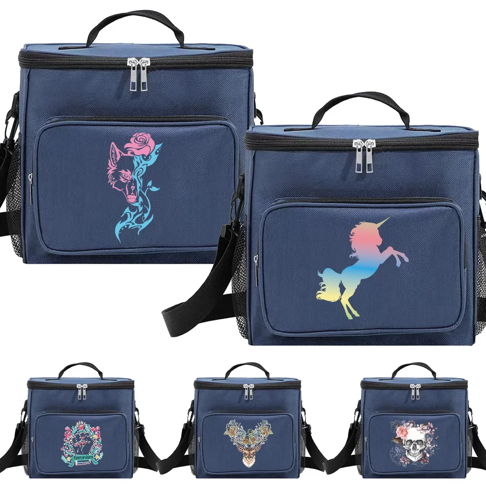 

Lunch Tote Bag for College Students with Thermal Insulation Blue Color and Multi-Pocket Design Dinner Box Printing Color Series