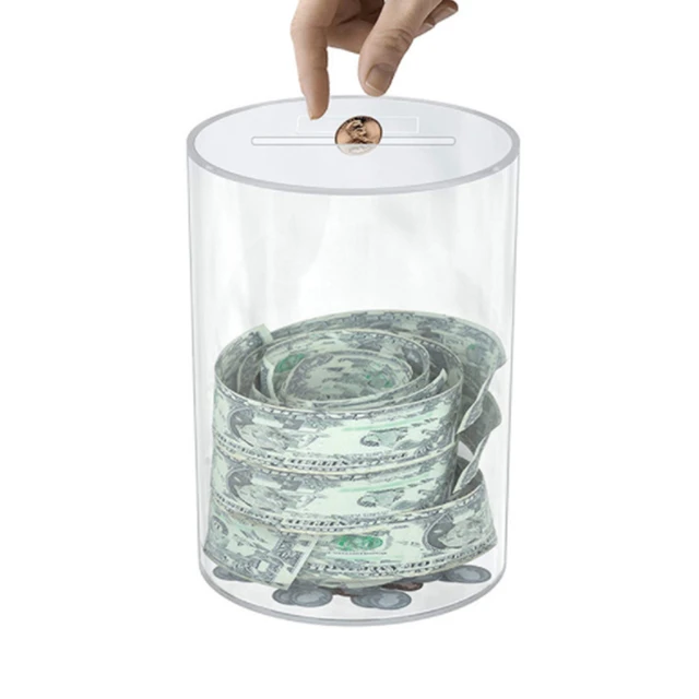 Coin Caddy Clear Piggy Bank for Adults Kids - Large & Sturdy Personal Money  Jar for Cash Saving with Key - Acrylic Money Saving Box for Vacation