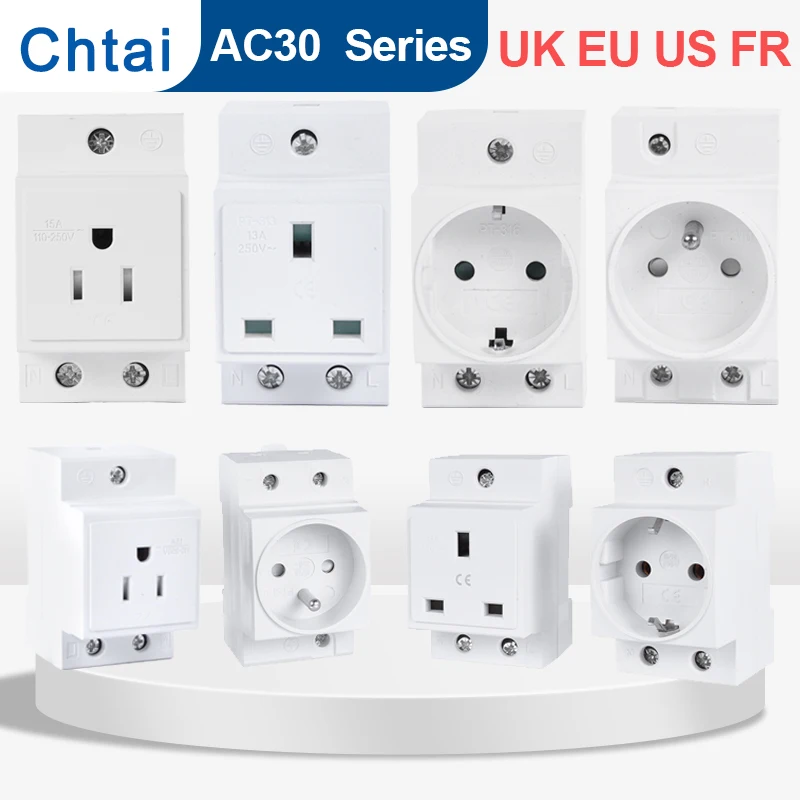 AC30 Power Sockets UK US EU FR SA Standard Modular Din Rail Socket 13A16A 25A 250V Industrial