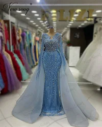 Two Pieces Blue Mermaid Evening Dresses O Neck Long Sleeves Elegant Birthday Engagement Dress Arabic Dubai Beading Party Gowns