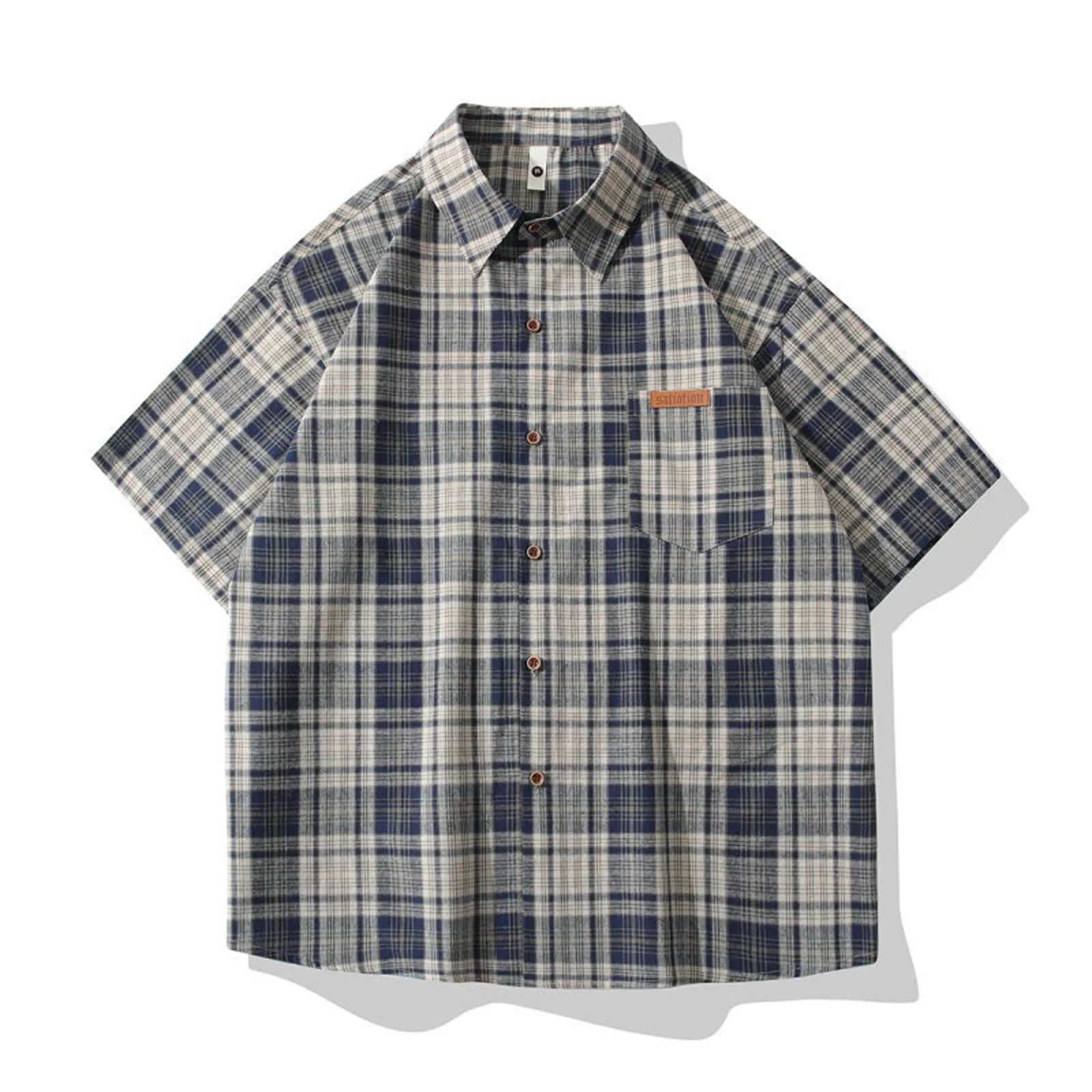 Men'S Loose Plaid Short Sleeved Shirts Casual Linen Button Down Oversized Shirt Harajuku Luxury Comfort Brand Male Shirts 2