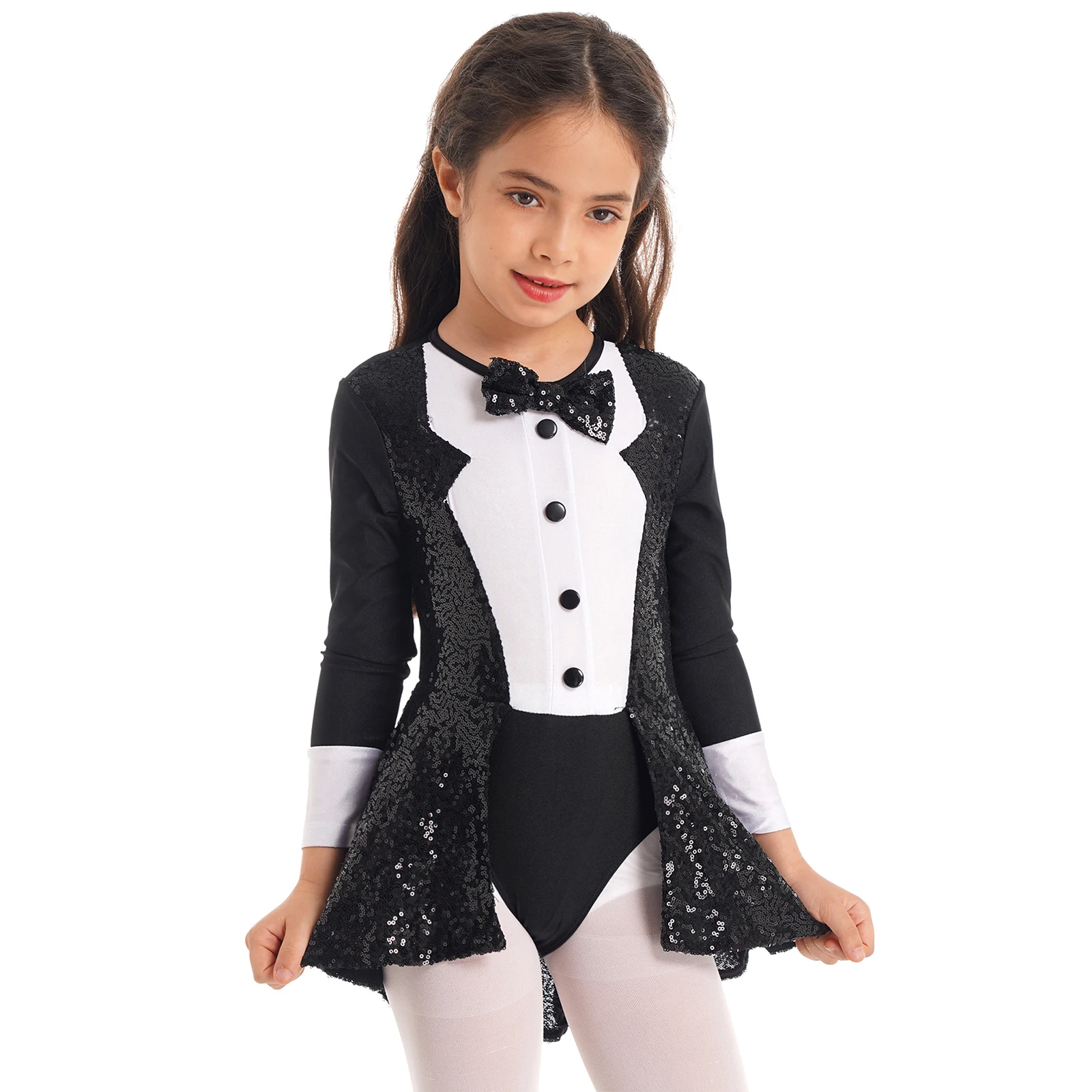 

Kids Girls Circus Ringmaster Cosplay Dress Up Costume Children Long Sleeves Sequins Leotard Dance Gymnastics with Bow Tie