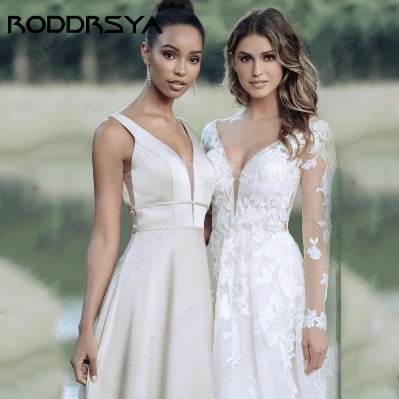 RODDRSYA 비치 웨딩드레스 2024 V 넥레이스 적용 웨딩드레스 긴팔 로맨틱 조끼 De Novia 단추 노출 등RODDRSYA 비치 웨딩 원피스, V넥 레이스 아플리케, 신부 가운, 긴 소매, 로맨틱 단