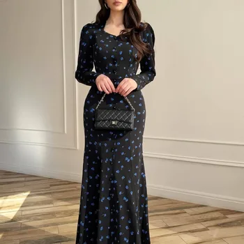 Elegante Abito Lungo da Donna a Pois Stile Francese 2026 Primavera Estate Scollo a V Vestibilità Slim con Cintura Annodata Stile Sirena Vintage Casual