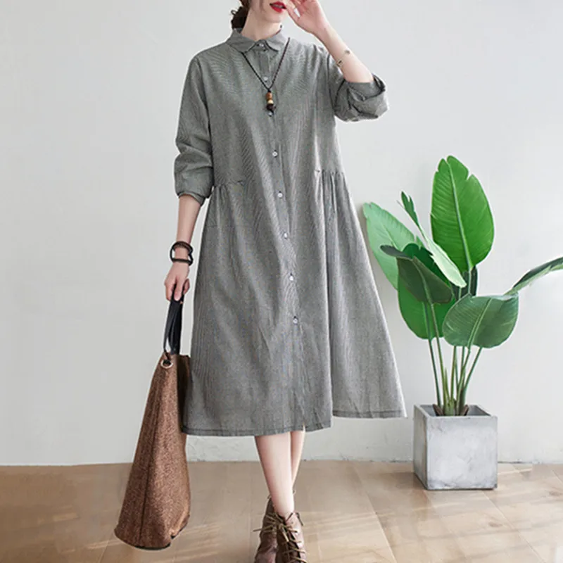 

Женское винтажное платье-Блуза в клетку, Повседневное платье из хлопка и льна с длинным рукавом, в Корейском стиле, для путешествий, для весны и осени, 2023