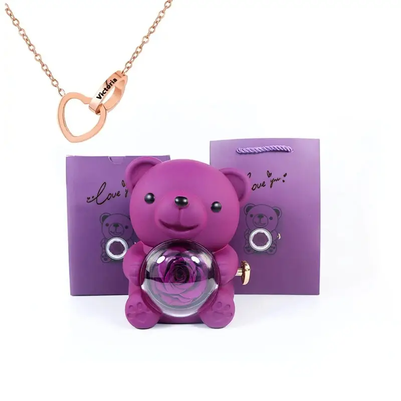 Eternal Rose Teddy Bear Jewelry Box with Custom Name Necklace Valentine Wedding Special Present for Girlfriend Anniversary gift - Image 9