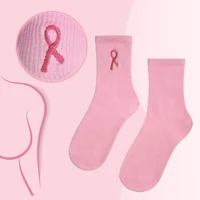 Ribbon Embroidered Breast Cancer Awareness Socks, Cozy Soft Crew Socks, Great Gifts For Ladies, Youth, Sports Clubs & Family