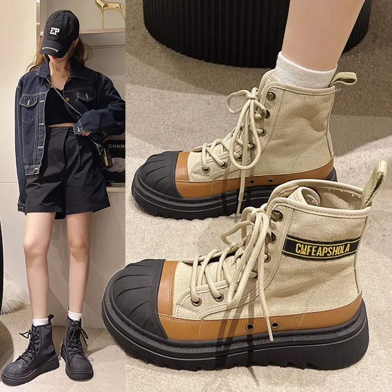

Canvas High Top Short Boots Women's Thick Sole Roman Fashion Casual Motorcycle Student Fashion Versatile Work Wear Boots