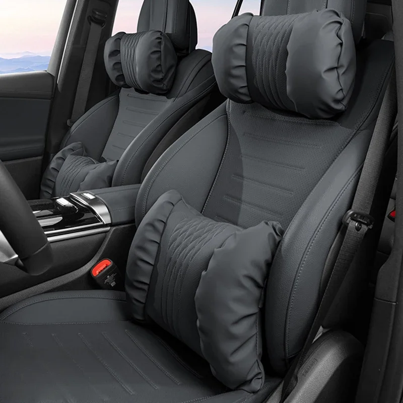 Premium Soft Nappa Leather Ergonomic Car Headrest and Lumbar Support Cushion Set