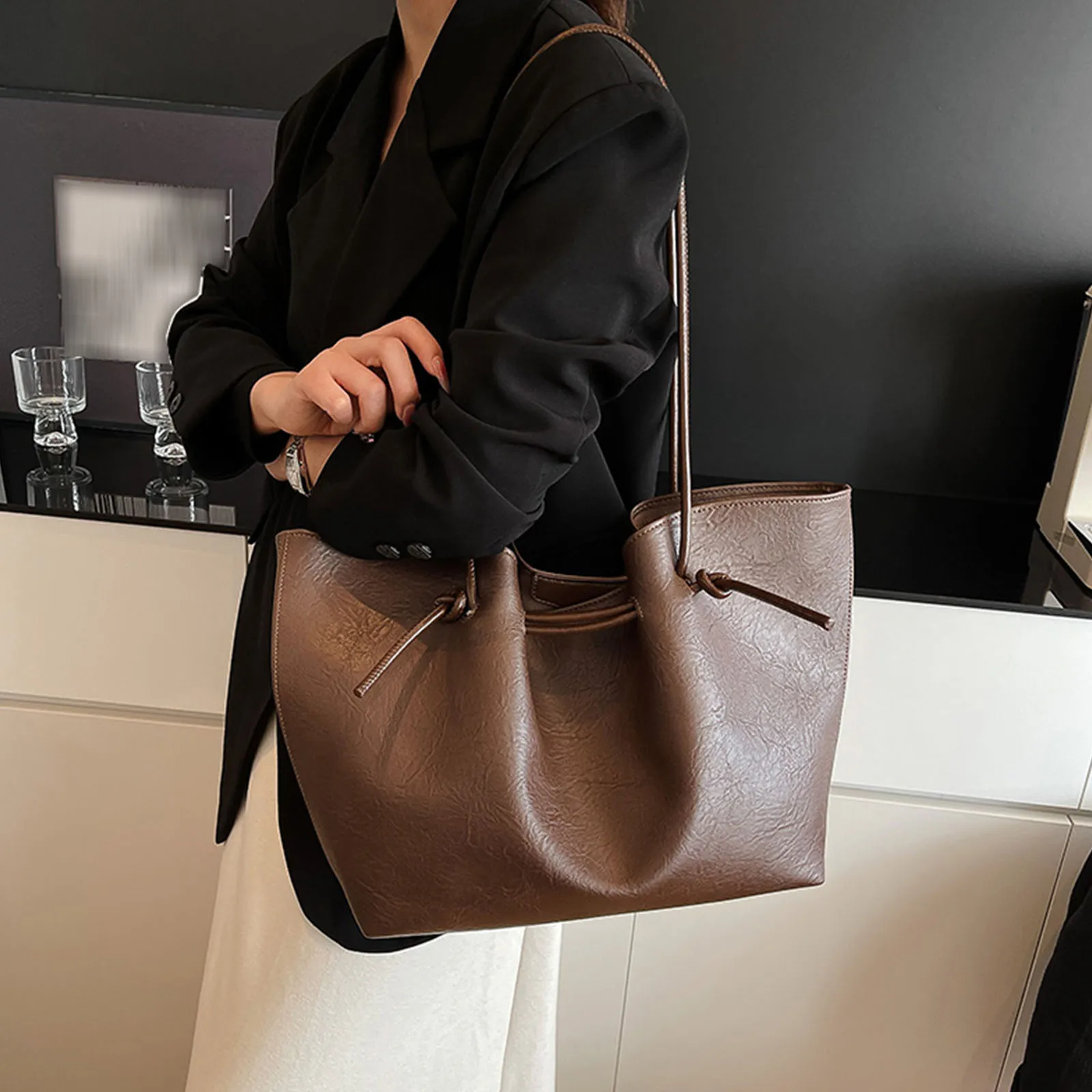 Women PU Leather Shoulder Bag Large Handbag Drawstring Commuter Bag for Work Shopping Travel Daily