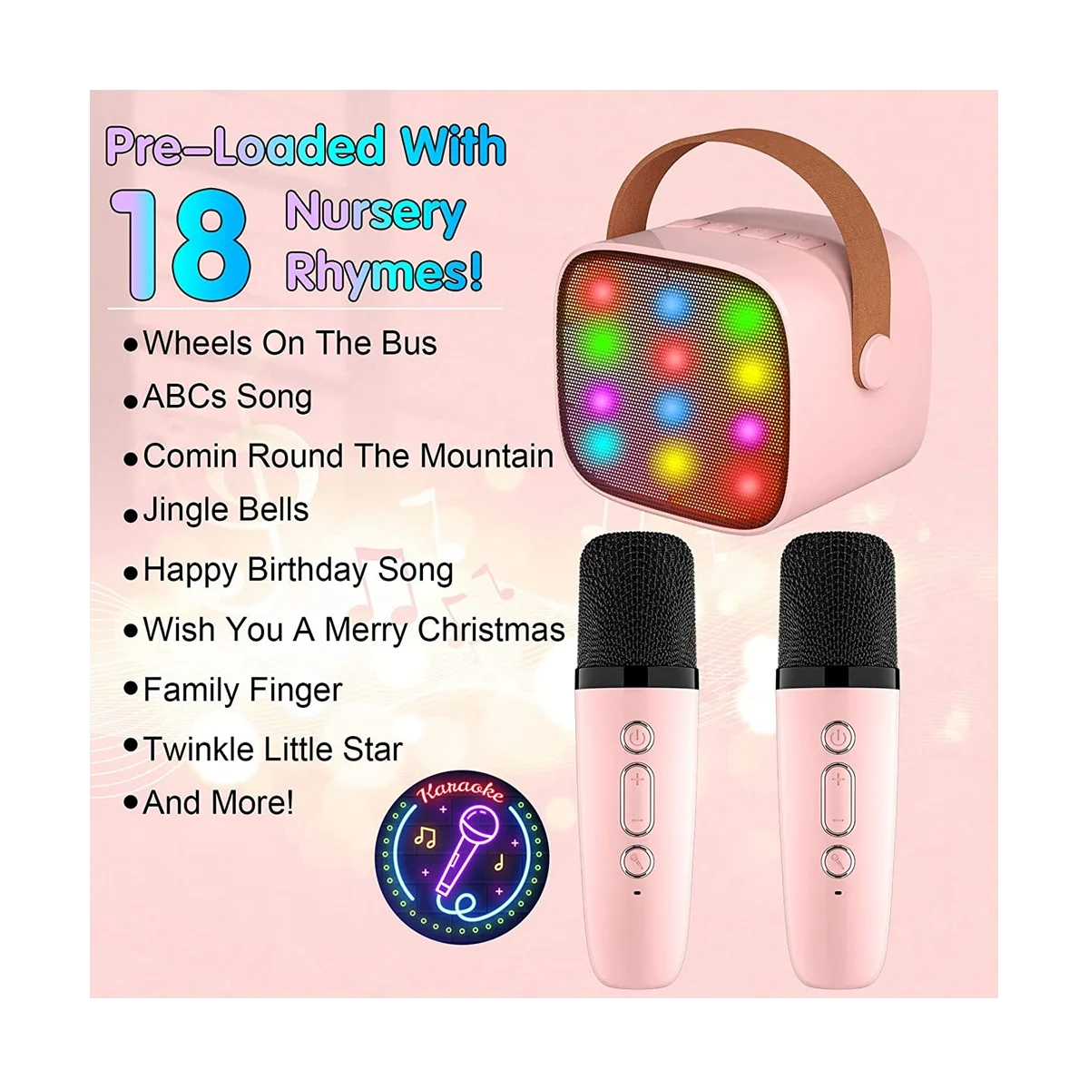 Mini machine de karaoké avec 2 microphones sans fil pour enfants et  adultes, 18 chansons pré-chargées, Bluetooth portable, rose - AliExpress