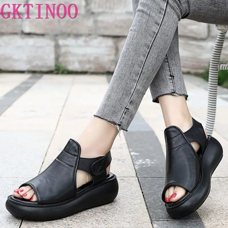 GKTINOO 2024 Summer Shoes Thick Bottom Flat Platform Sandals For Women Genuine Cow Leather Fashion Wedges Peep Toe Women Sandals