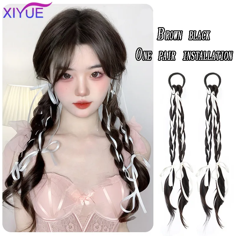 XIYUE  Wig female ponytail ribbon natural imitation boxing braid net red Pigtail bow wig ponytail