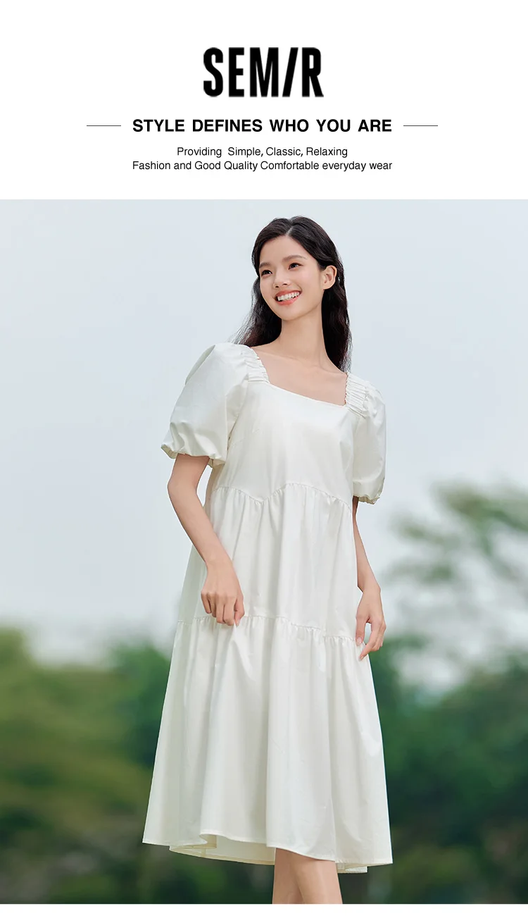 Dress Women Gentle And Feminine Style With Ruffled Trim And Square Neckline Summer New Bubble Sleeves Doll Dress