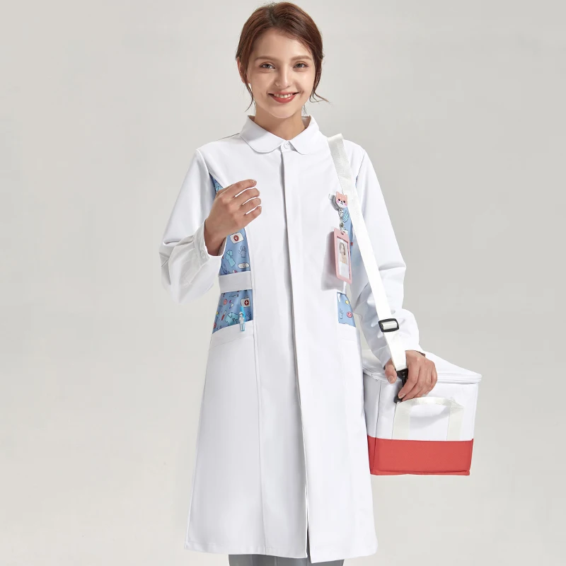 

Print Nurse Scrubs Dress Long Sleeve Medical Healthcare Tunic White Women Beautician Work Uniform Style Nursing Dress 802-PSDG