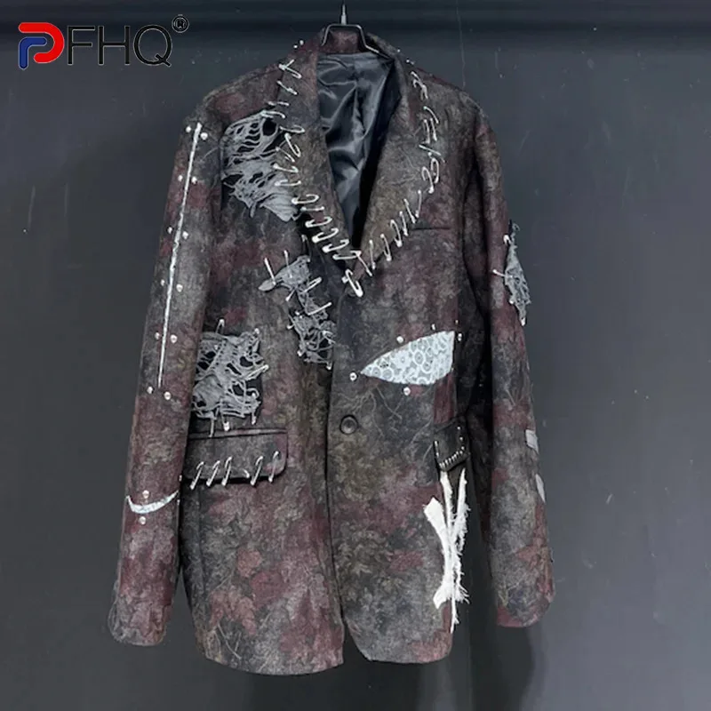 

PFHQ Men's Pins Pattern Y2K Design Blazers Tide Patchwork Worn Out Print Baggy Advanced Streetwear Suit Jackets Spring 21Z4293