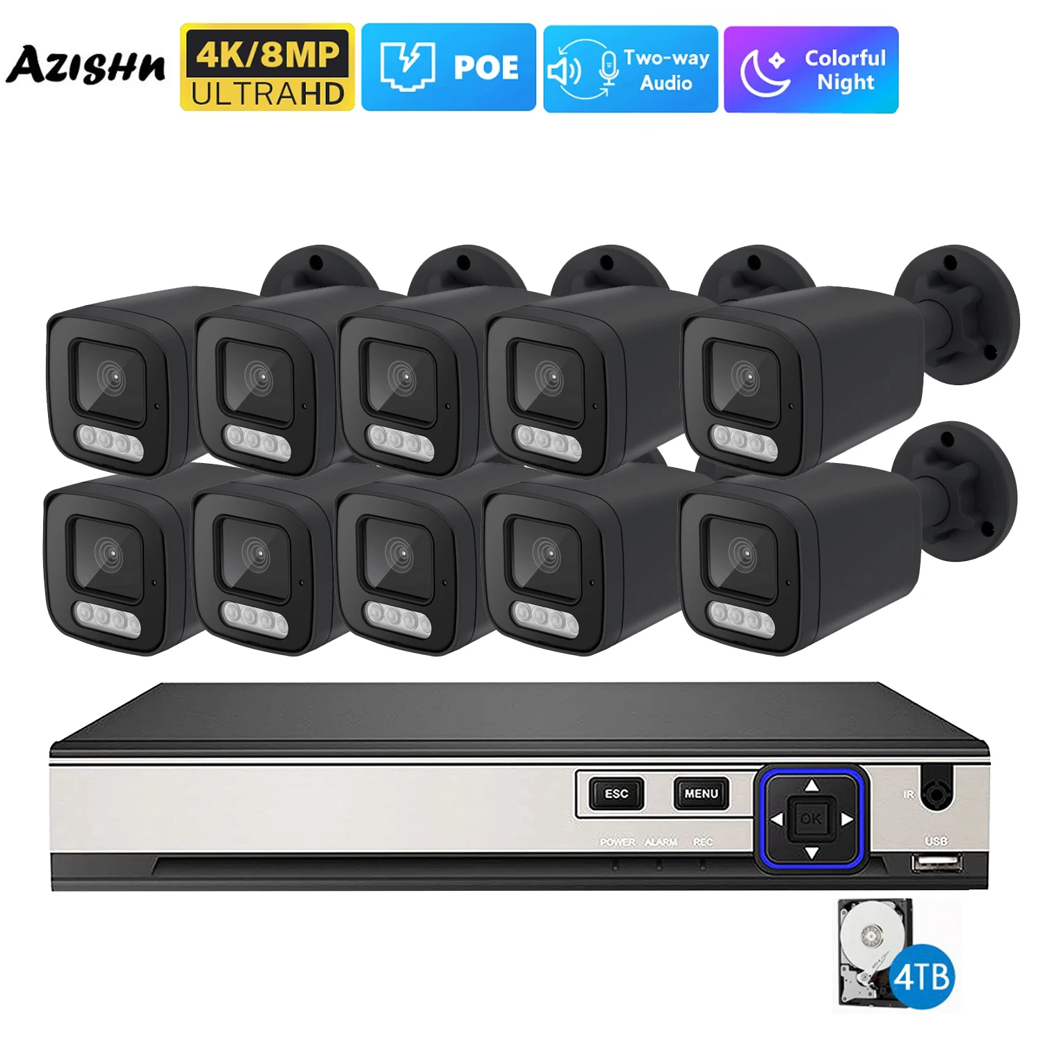 FULL Color 8MP 4K Human Detect Security Camera System POE NVR Kit CCTV Video Record Two Way Audio Surveillance Camera Xmeye