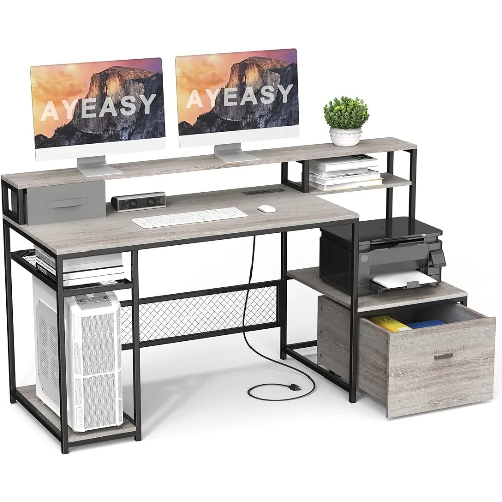 

Monitor Stand Shelf Computer Desk Study Writing Desk Computer Table With Drawers and Storage Shelves Wash Gray Office Furniture