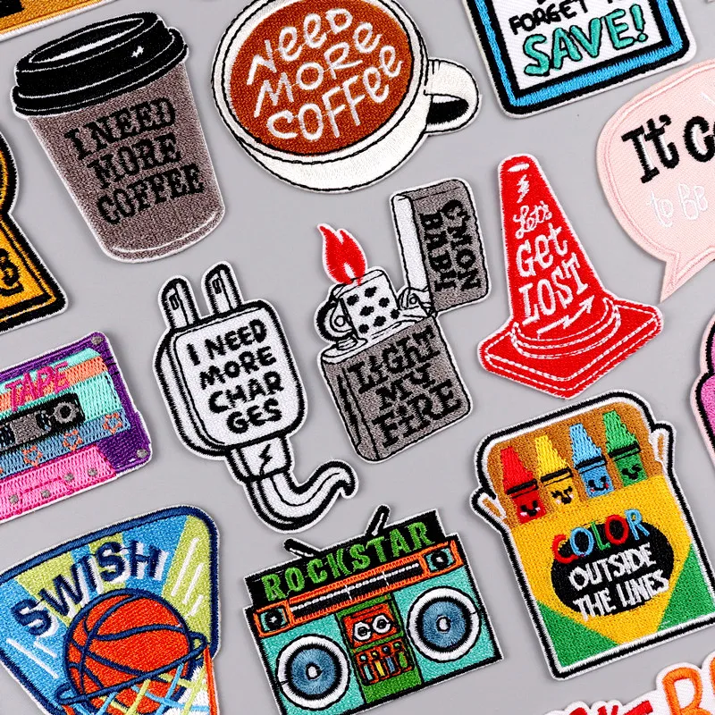 

Cute Embroidered Patches for Clothing Thermoadhesive Coffee Cup Patch Iron on Patch with Letter Fusible Memory Tap Appliques