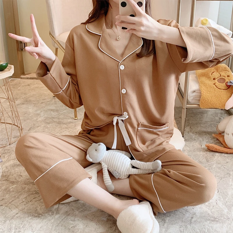 Autumn and Korean version of ins style pajamas, sweet and cute girl students can wear cardigan, small lapel home clothes suit