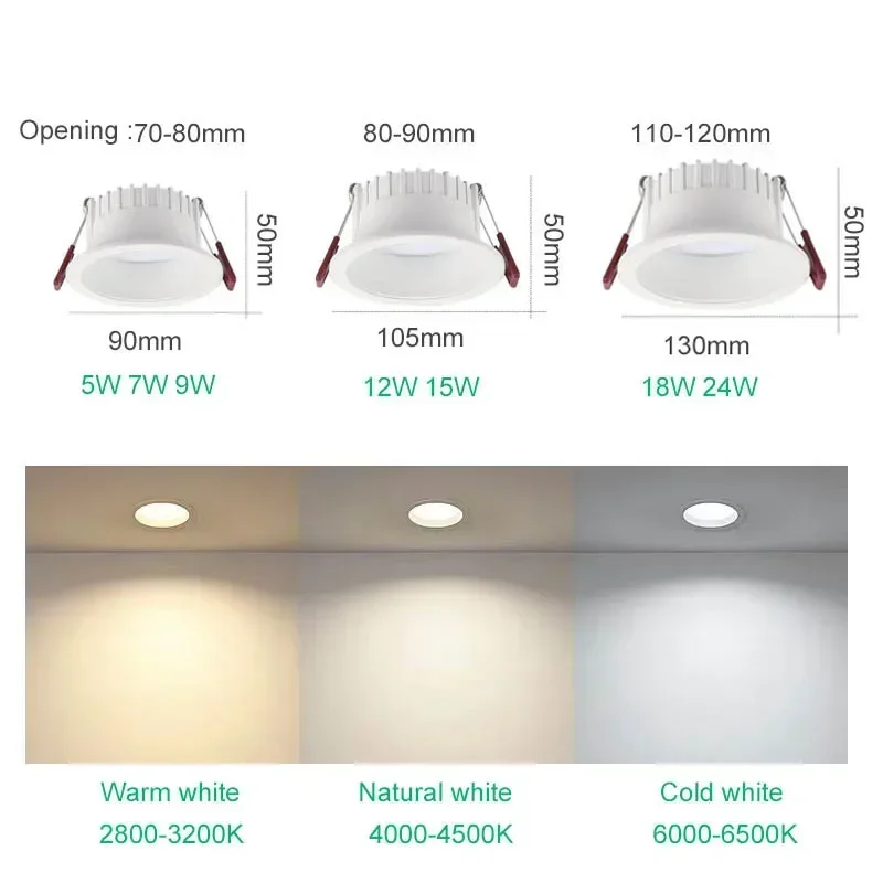 LED Downlight Dimmable Anti-glare 7W 9W 12W 15W 18W Backlight Interior Lighting AC220V 110V
