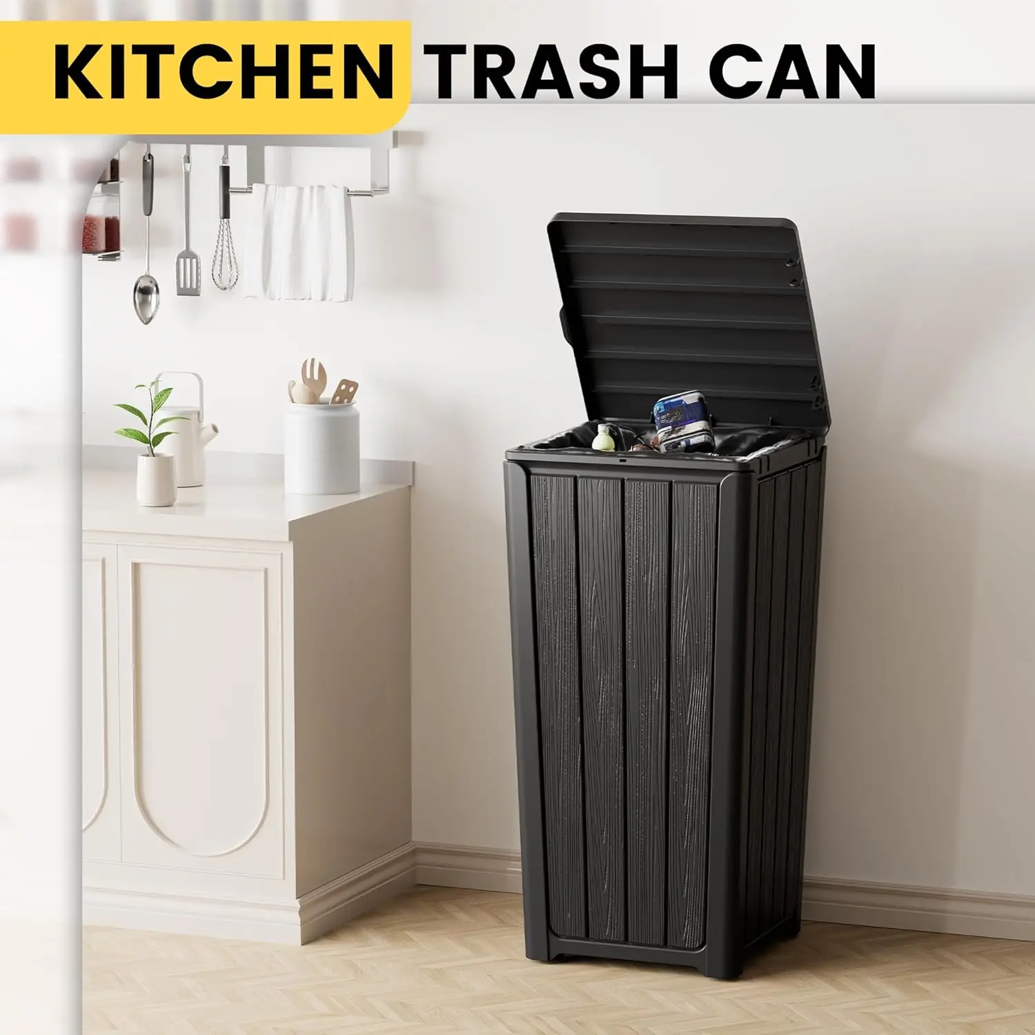 Outdoor Trash Can with Lid, Waterproof Resin Garbage Can with Tiered Lid, Outside Trash Bin for Patio, Kitchen, Backyard or Deck