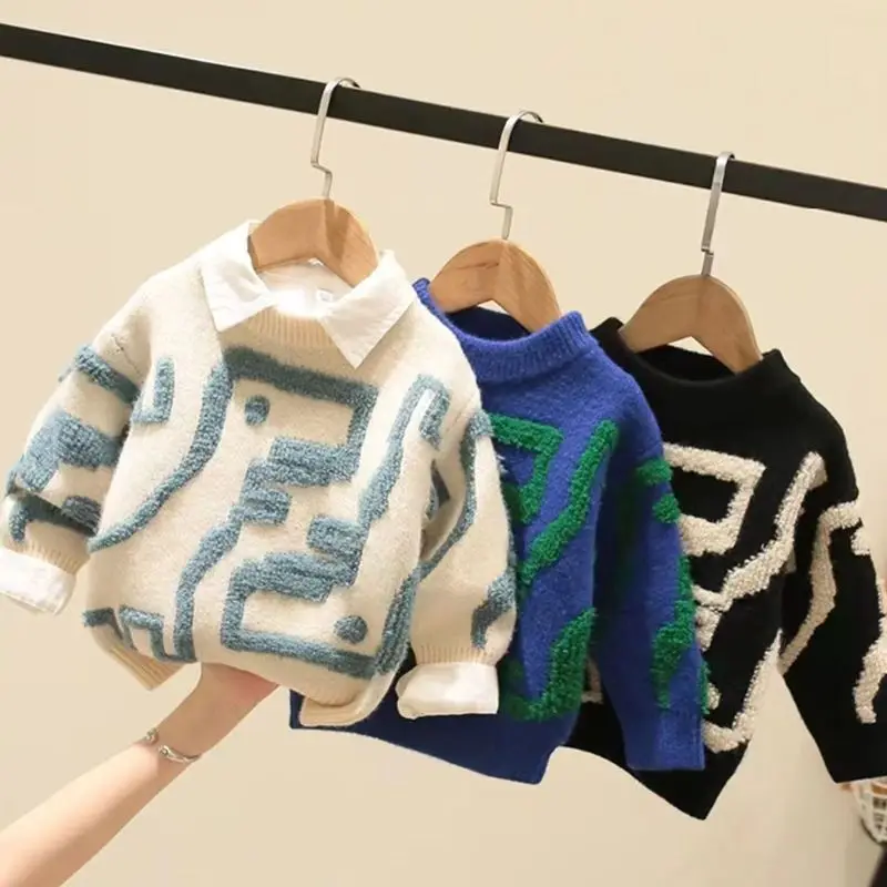 Children\'s Clothing Boys\' Sweater 2022 Autumn and Winter Children\'s Mink Fur Pullover One-Piece Sweater Fashionable Top