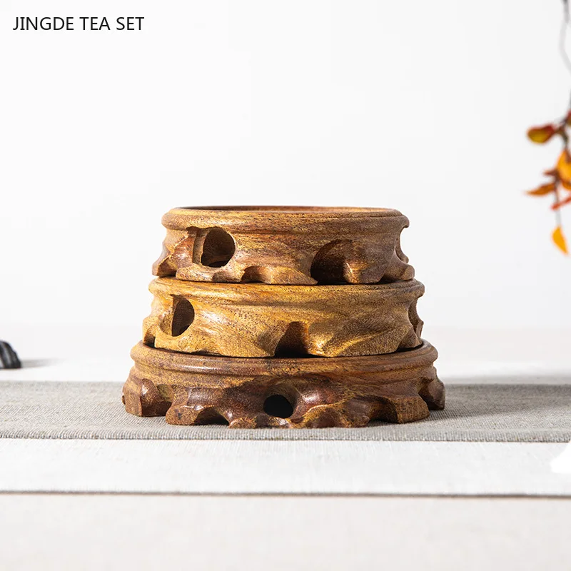 Mahogany Carving Teapot Base Solid Wood Round Root Carving Decoration Pieces Teacup Tea Set Base Home Decoration Crafts
