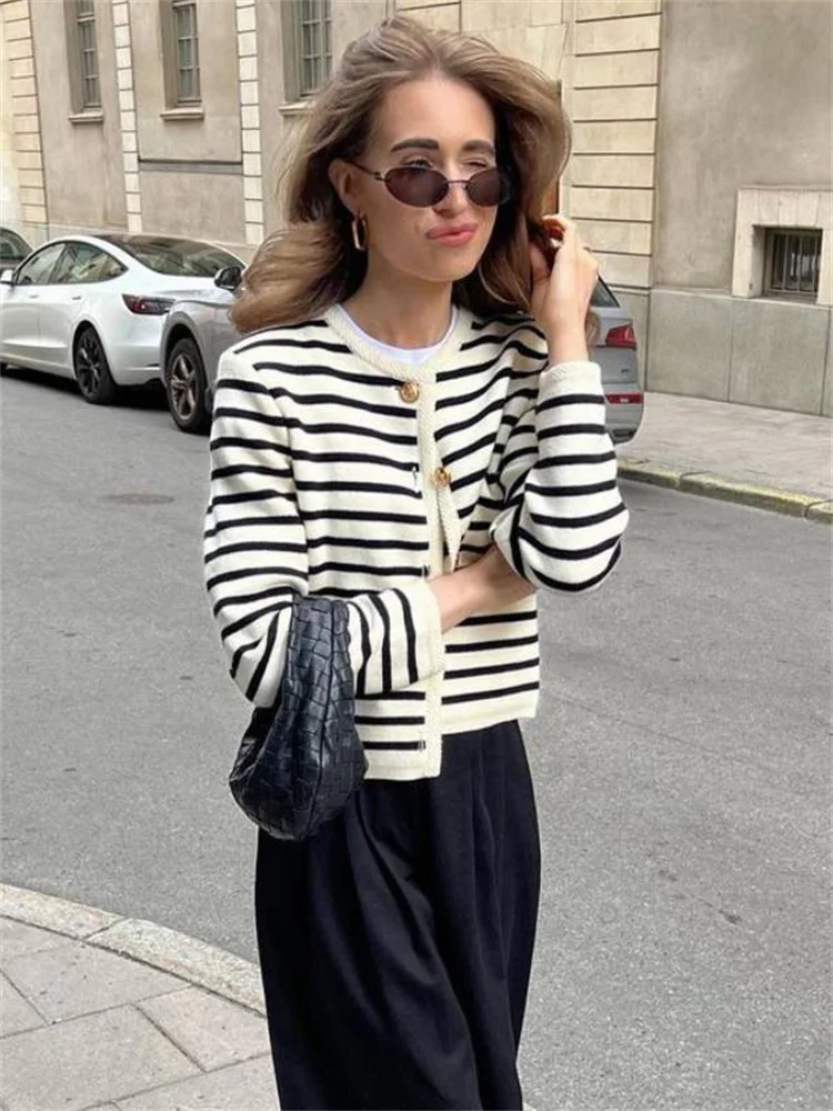 Suéter de punto a rayas, cárdigan, abrigo para mujer, suelto, de manga larga, a la moda, ajustado, con parches en contraste, prendas de vestir exteriores, abrigo de punto de verano