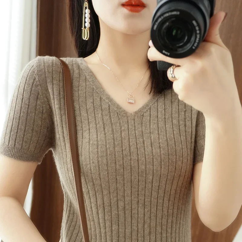 여성용 V넥 반팔 티셔츠, 한국 패션 니트웨어, 슬림핏 풀오버, 보터밍 이너 니트 탑, 2024 용수철 여름