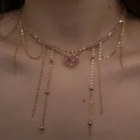 Grande chaîne de perles boule CCB avec pendentif en perles de cœur pour femmes, collier de perles tendance sur le cou, accessoires cadeau 4