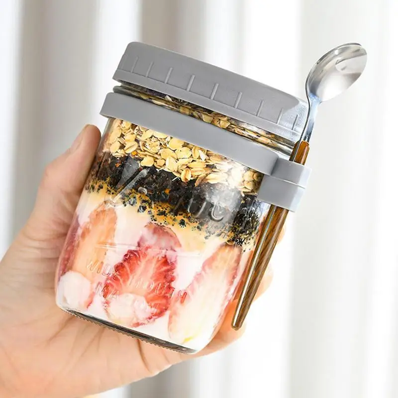 480ml Overnight Oats Jar 2pcs Breakfast Cup With Lid And Spoon Airtight  Chocolate Nutella Glass Jar Wide Mouth Oatmeal Container - AliExpress