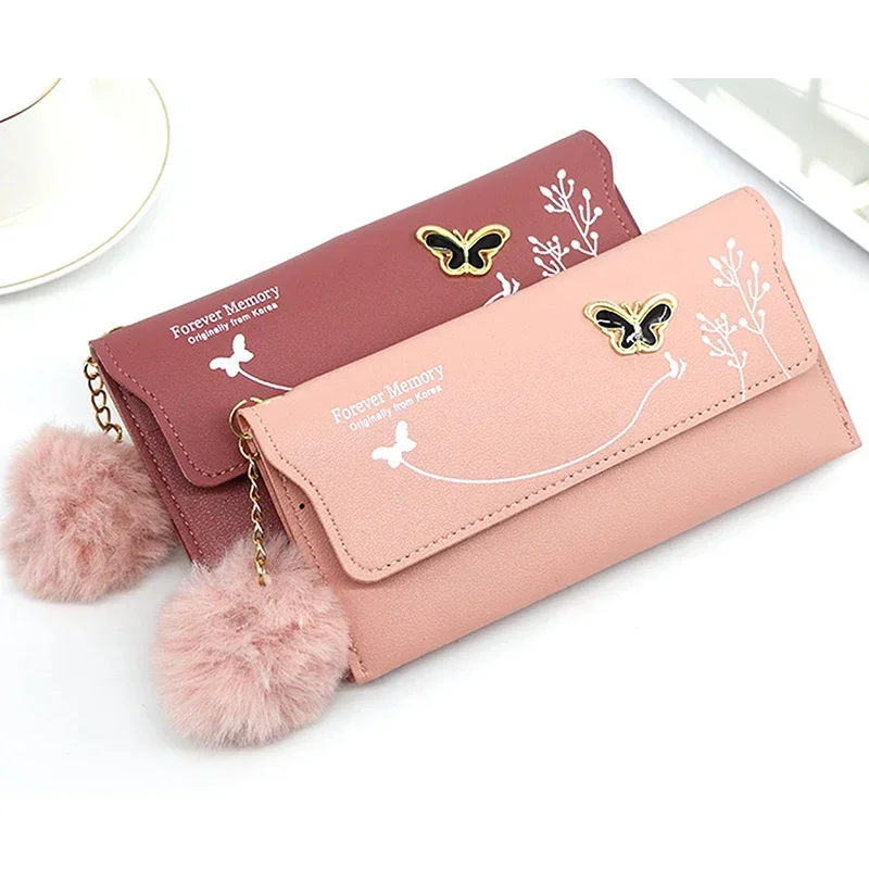 Butterfly Designer Women Long Wallets PU Money Bag Solid Wool Ball Bow Clutch Bag Large Capacity Card Coin Purse