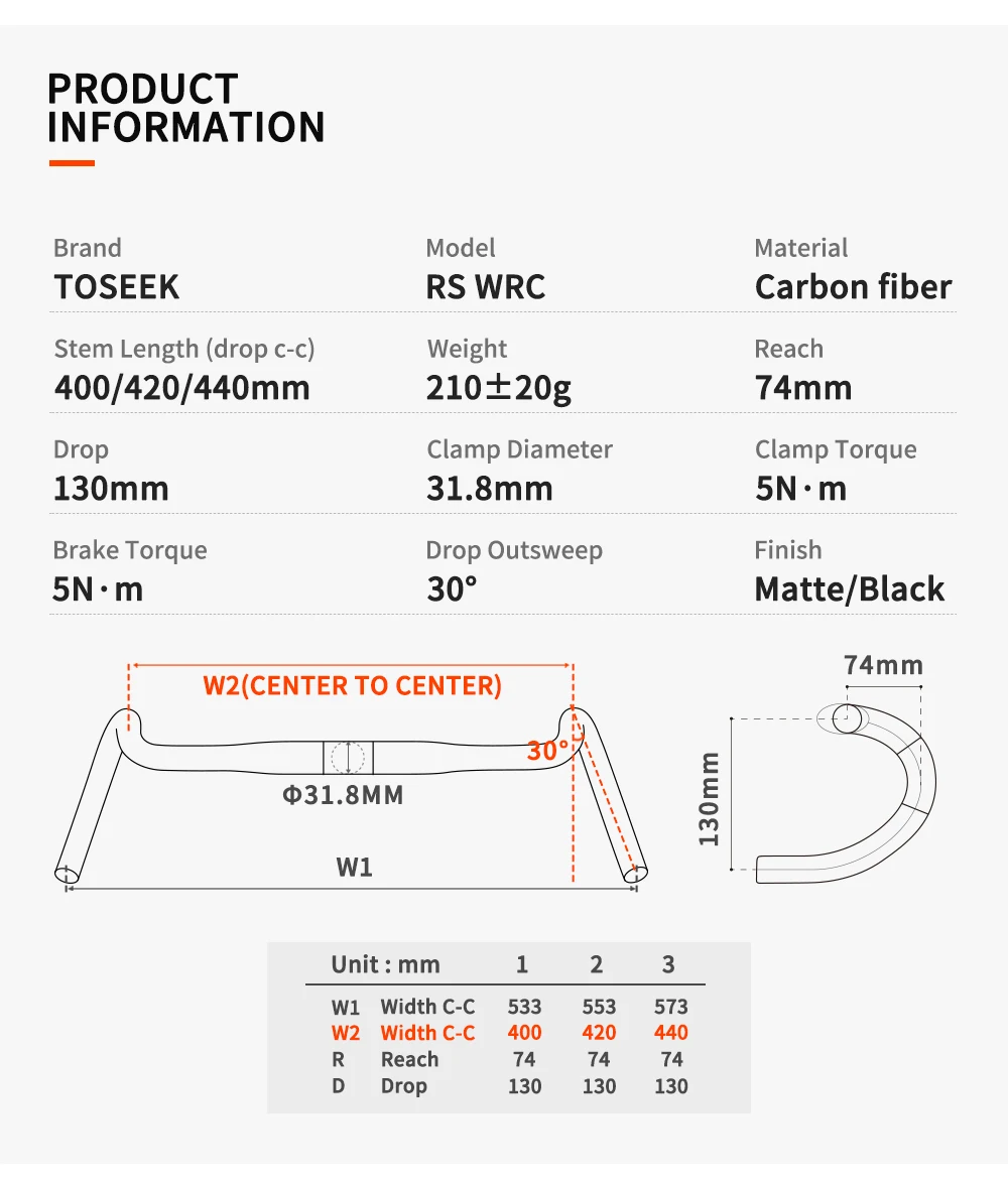 TOSEEK Carbon Gravel Lenker Äußere Drop Bar Lenker 31,8mm Cyclocross Rennrad Lenker 400/420/440mm Mattschwarz – Detail 4