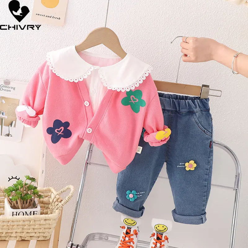

Girls Fashion Three-piece Clothing Sets New 2023 Baby Girl Solid Lapel Tops Knit Cartoon Floral Coat with Jeans Kids Clothes