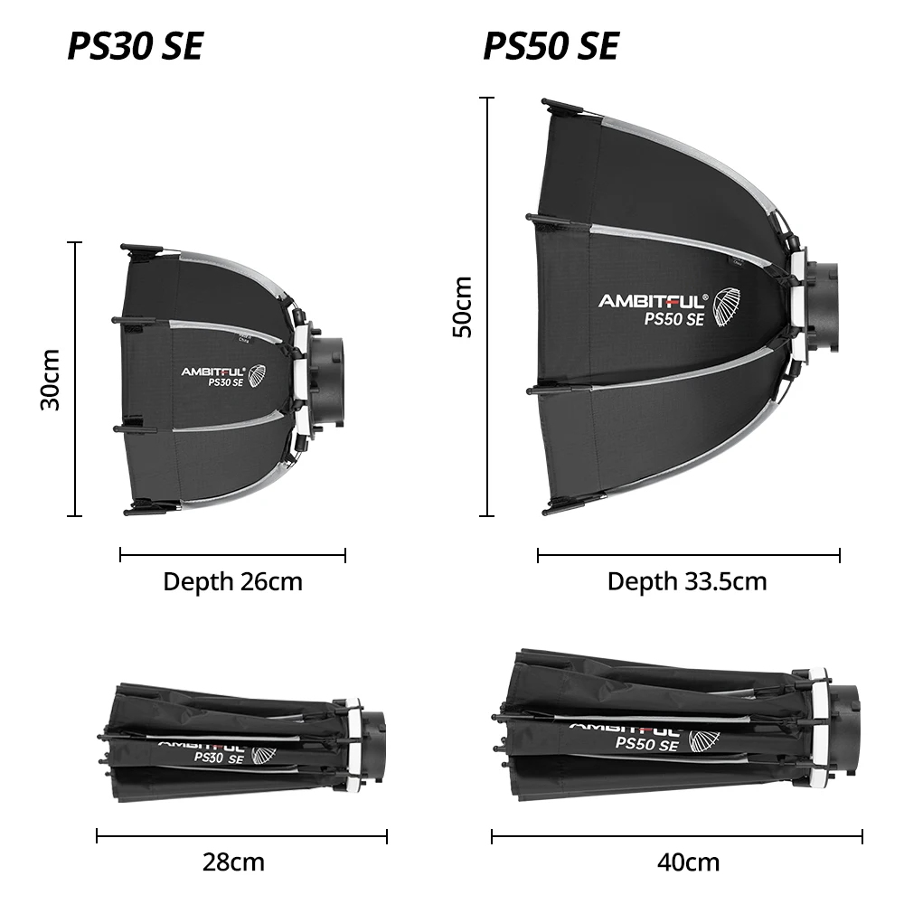 AMBITFUL PS30/PS50 SE 30cm 55cm 미니 퀵 릴리즈 보웬스 마운트 옥타곤 소프트박스 + 허니컴 그리드 야외용 소프트박스 (LED 플래시용)